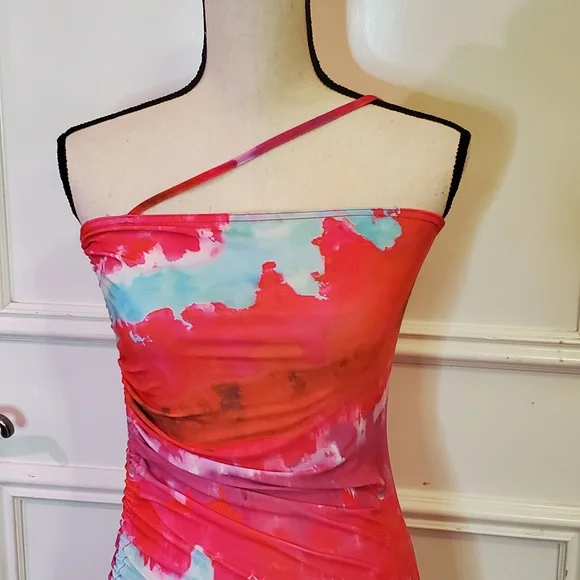 Pretty Little Thing Pink Multi Asymmetric Strap Ruched Bodycon Dress, Size 6 - Picture 11 of 16